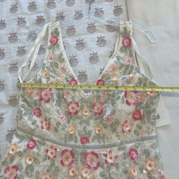 NWT Mac Duggal Cream Midi Dress with Pink & Green Floral Embroidery - Picture 9 of 11